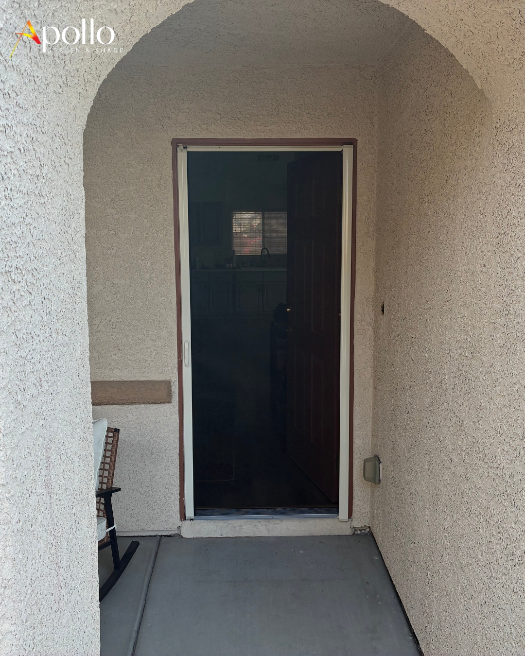 Apollo Desert Sand Single Front Door Screen Outside View.